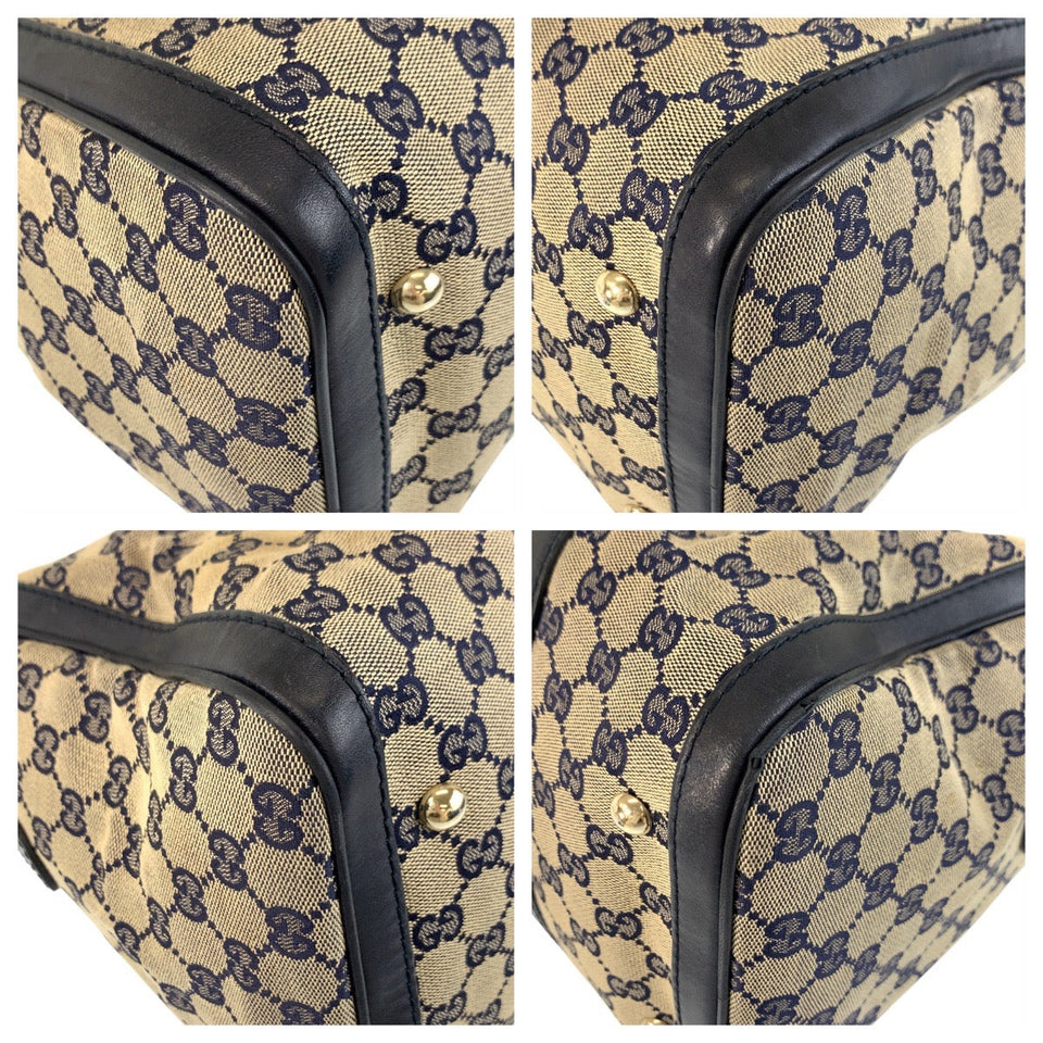 Gucci Handbag 247205 GG canvas, leather Gray Navy Gold Metal Handbag Boston Duffel bag Shoulder Bag 2way Sherry line Women