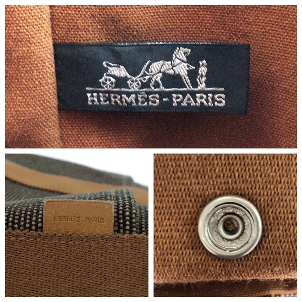 Hermes Handbag canvas Brown Silver Metal Handbag Sakso MM Women
