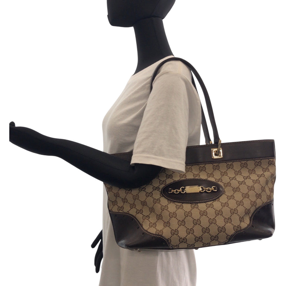 Gucci Tote Bag 145993 GG canvas Beige Brown Gold Metal Tote Bag Shoulder Bag Women