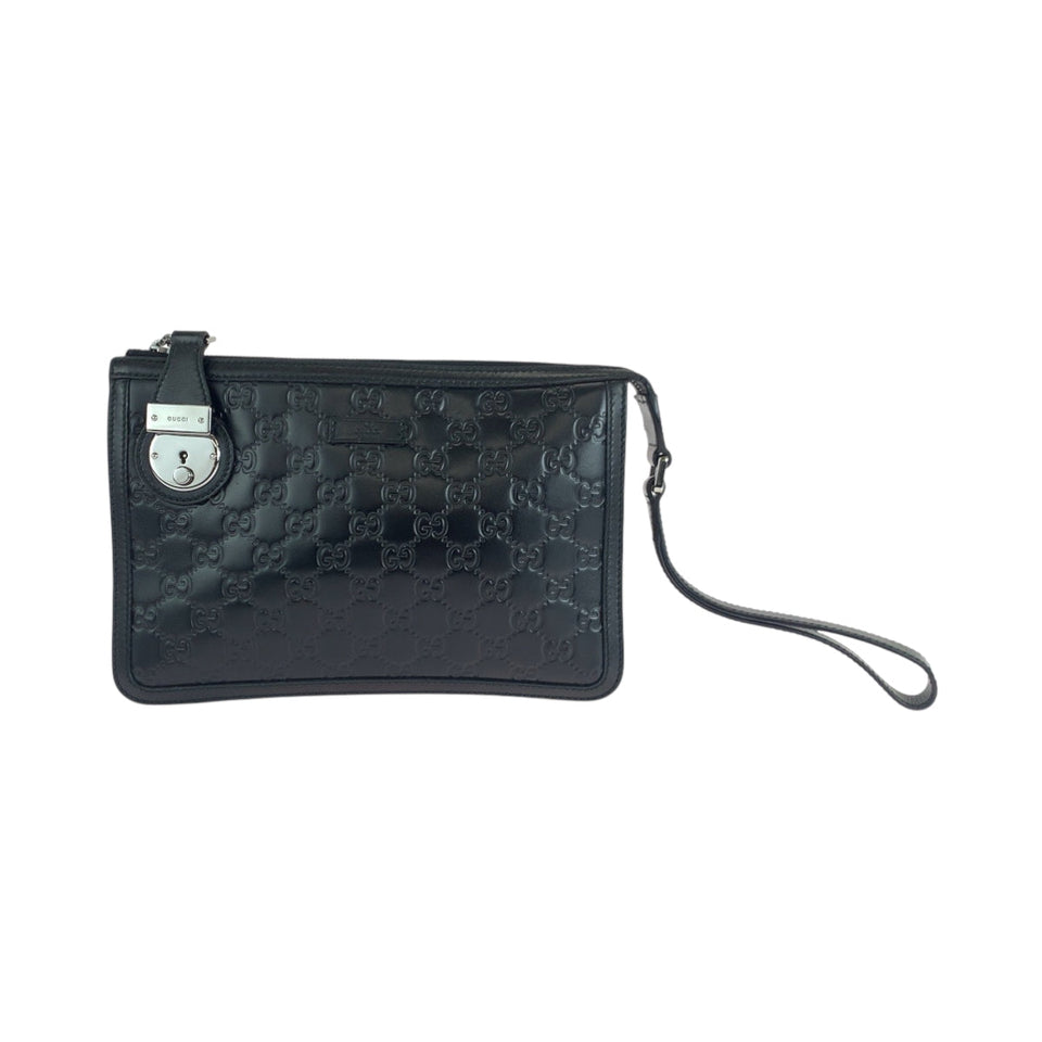 Gucci business bag 152600 leather Black SilverMetal business bag clutch bag Guccisima mens