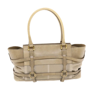 Luxury Burberry Nova Check Hand Bag Nylon Leather Beige Auth 50273