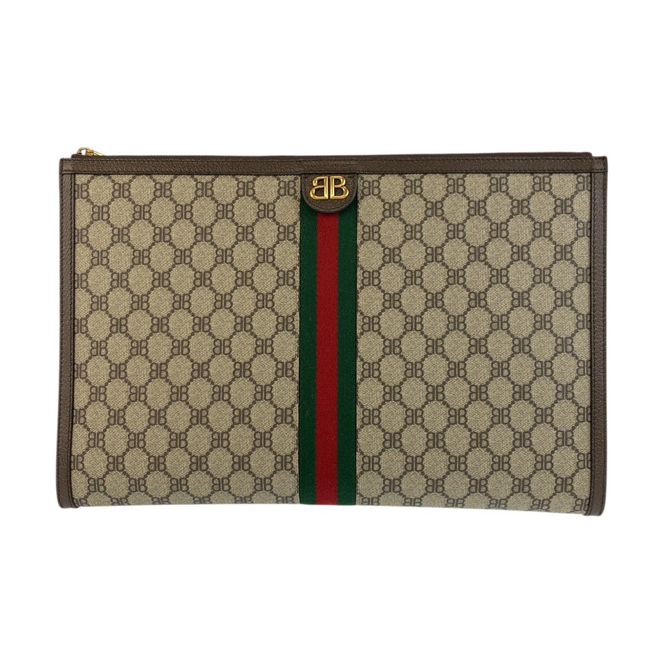 BALENCIAGA Clutch bag 680381 GG Supreme canvas, leather Beige Brown Gold Metal Clutch bag business bag document case Gucci collaboration The Hacker Project mens