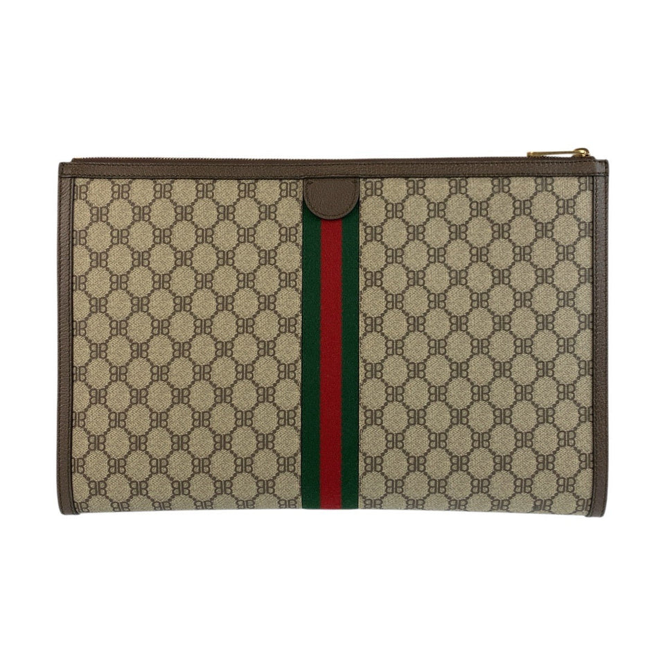 BALENCIAGA Clutch bag 680381 GG Supreme canvas, leather Beige Brown Gold Metal Clutch bag business bag document case Gucci collaboration The Hacker Project mens
