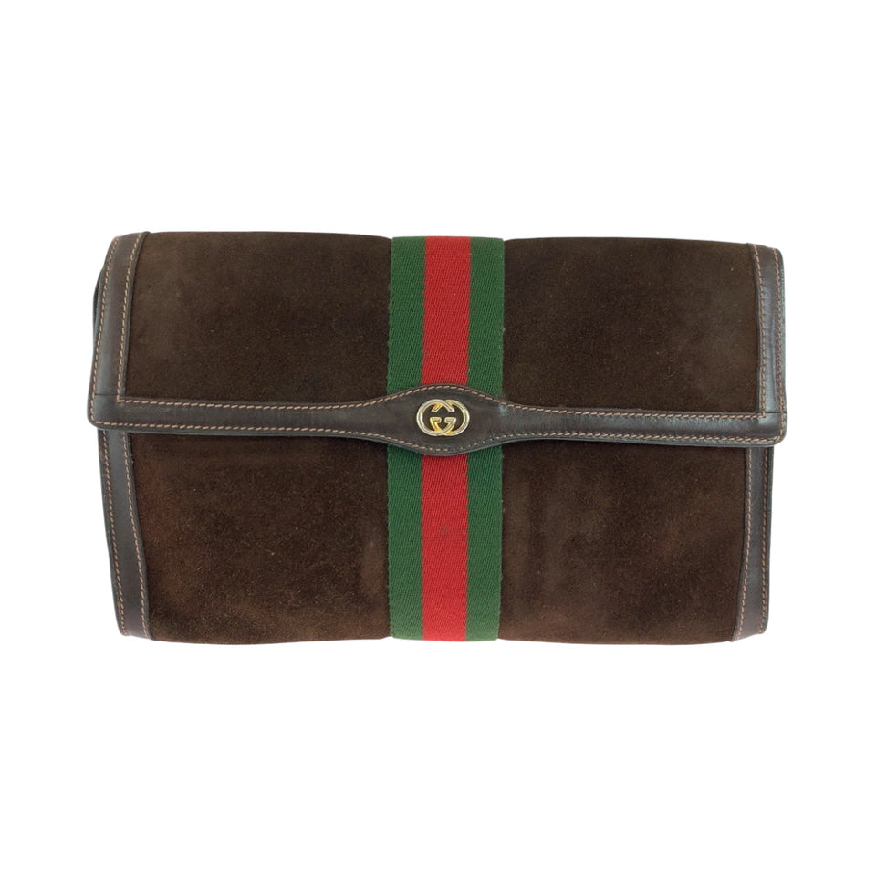 Gucci Clutch bag Suede, Leather Brown Red Green GoldMetal Clutch bag business bag Gucci PARFUMS Old Gucci Sherry Line Women
