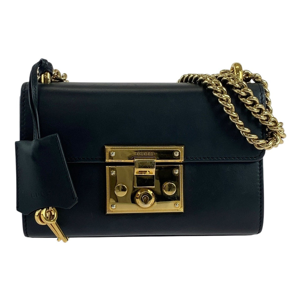 Gucci Shoulder Bag 409487 leather Black GoldMetal ChainShoulder Bag Padlock Women