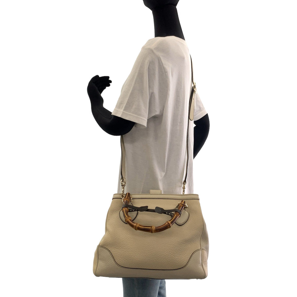 Gucci Shoulder Bag 308360 leather Ivory Brown Gold Metal Shoulder Bag Handbag 2way Bamboo Women
