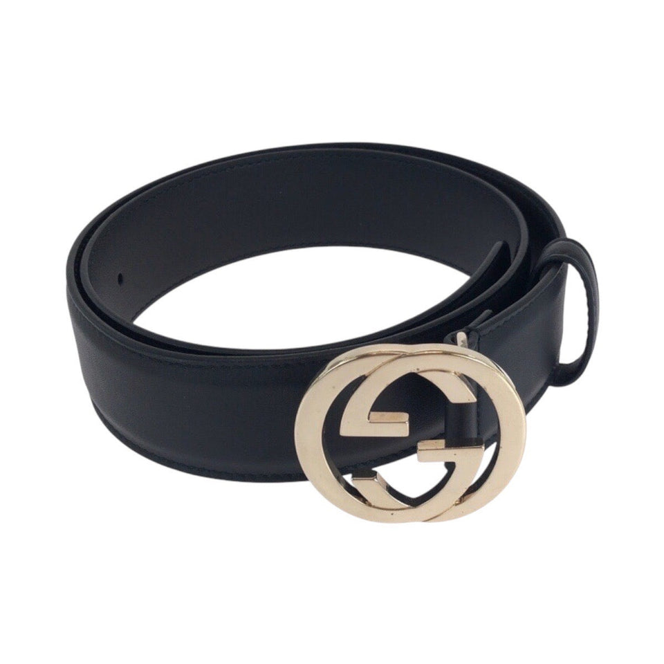 Gucci belt 370543 leather Black GoldMetal Belts Unisex Interlocking mens(Unisex) 30