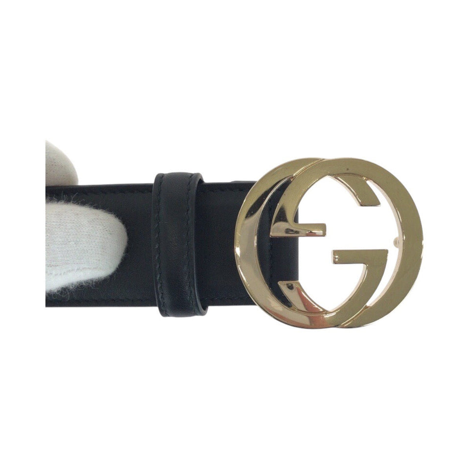 Gucci belt 370543 leather Black GoldMetal Belts Unisex Interlocking mens(Unisex) 30