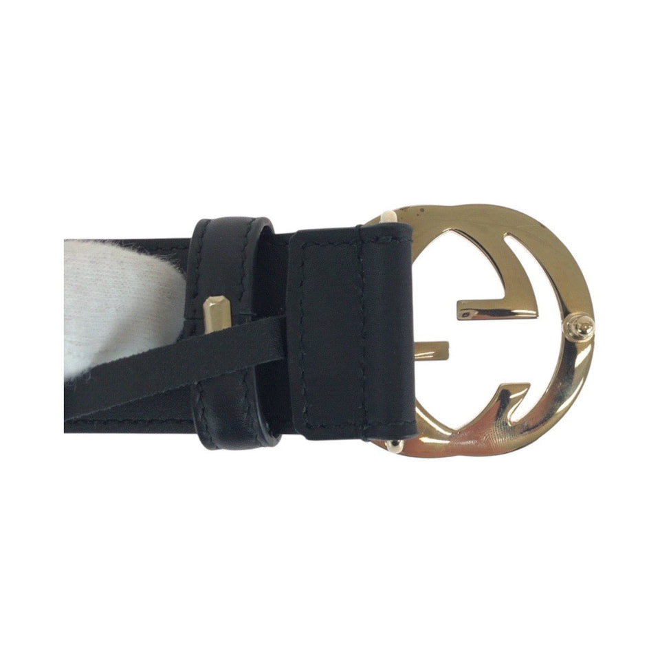 Gucci belt 370543 leather Black GoldMetal Belts Unisex Interlocking mens(Unisex) 30