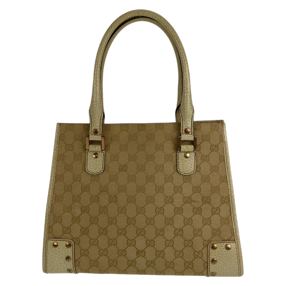 Gucci Tote Bag 214397 Canvas, Leather Beige Ivory Gold Metal Tote Bag Shoulder Bag GG canvas Women