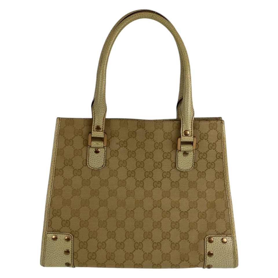 Gucci Tote Bag 214397 Canvas, Leather Beige Ivory Gold Metal Tote Bag Shoulder Bag GG canvas Women