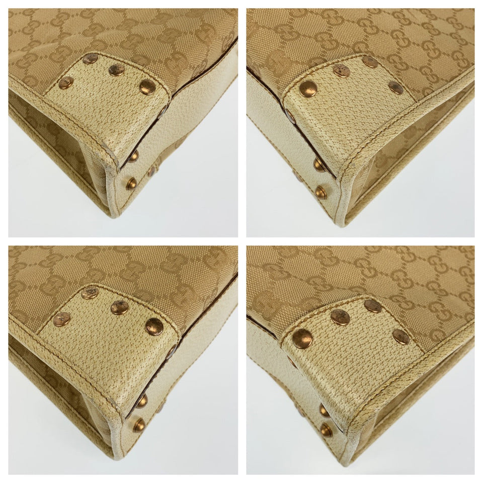 Gucci Tote Bag 214397 Canvas, Leather Beige Ivory Gold Metal Tote Bag Shoulder Bag GG canvas Women