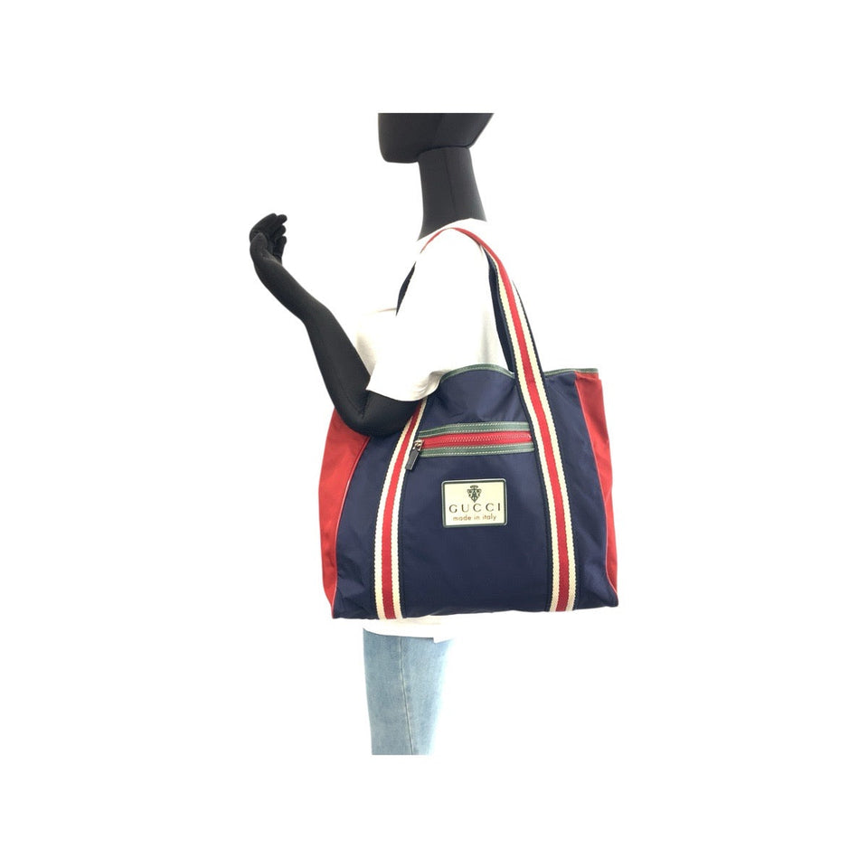 Gucci Tote Bag 189665 Nylon Navy red green Tote Bag Shoulder Bag Sherry line Crest mens