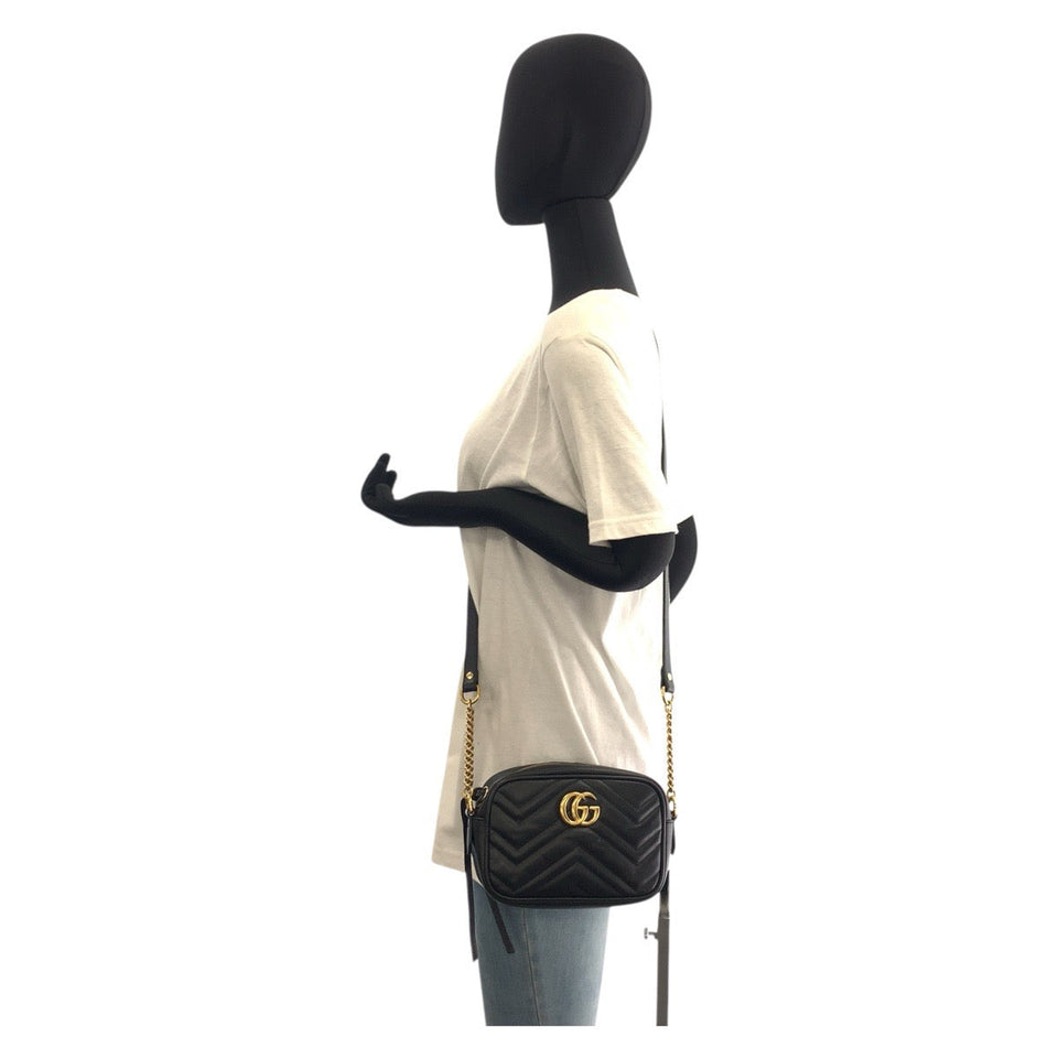Gucci Shoulder Bag 634785 leather Black GoldMetal Shoulder Bag pochette GG Marmont Mini camera bag Women