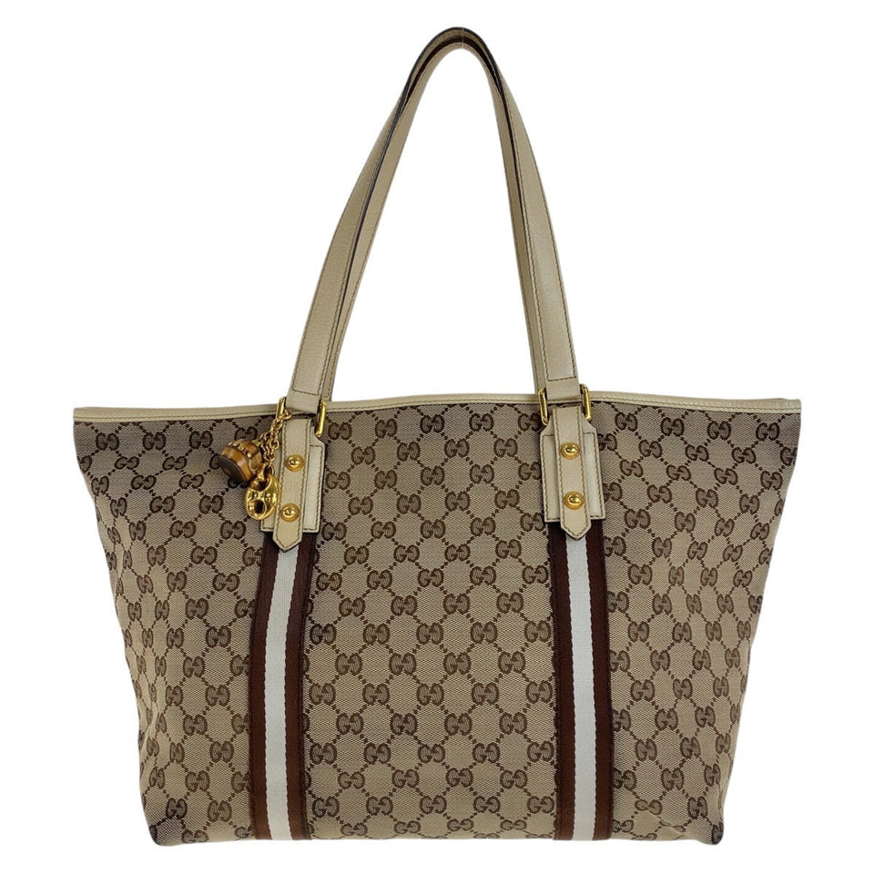 Gucci Tote Bag 139260 GG canvas, leather Brown Gold Metal Tote Bag Shoulder Bag Shelly Line Bamboo Women