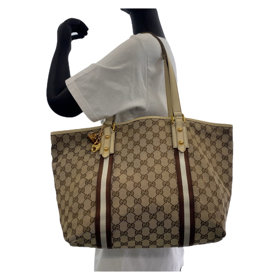 Gucci Tote Bag 139260 GG canvas, leather Brown Gold Metal Tote Bag Shoulder Bag Shelly Line Bamboo Women