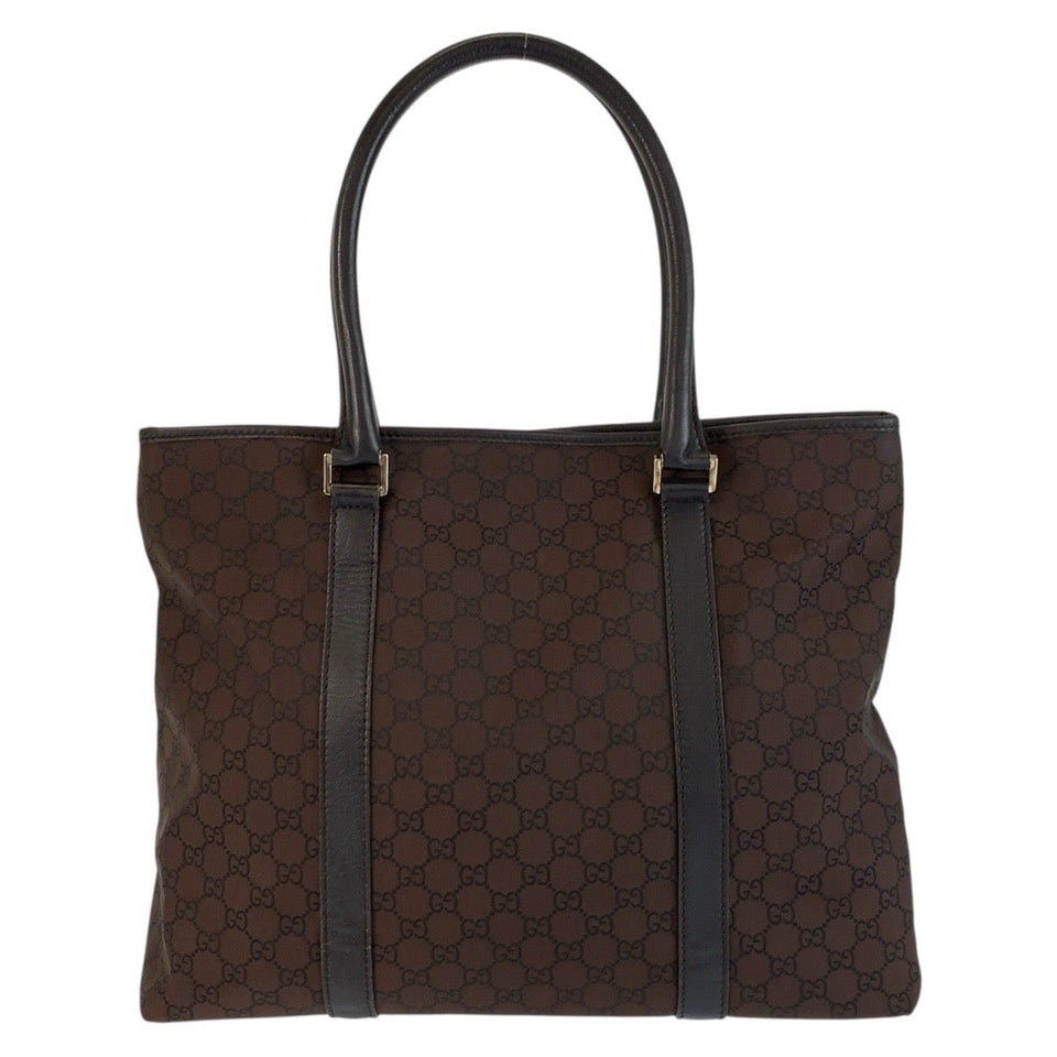 Gucci Tote Bag 257304 Nylon, Leather Brown Silver Metal Tote Bag Shoulder Bag GG pattern Women