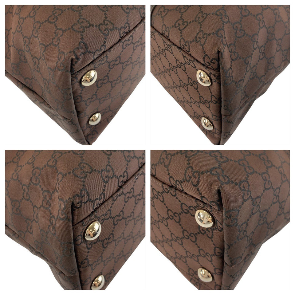 Gucci Tote Bag 257304 Nylon, Leather Brown Silver Metal Tote Bag Shoulder Bag GG pattern Women