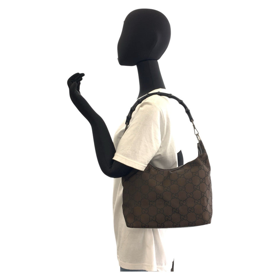 Gucci Shoulder Bag 000 0531 Nylon Brown Bamboo GG pattern Women