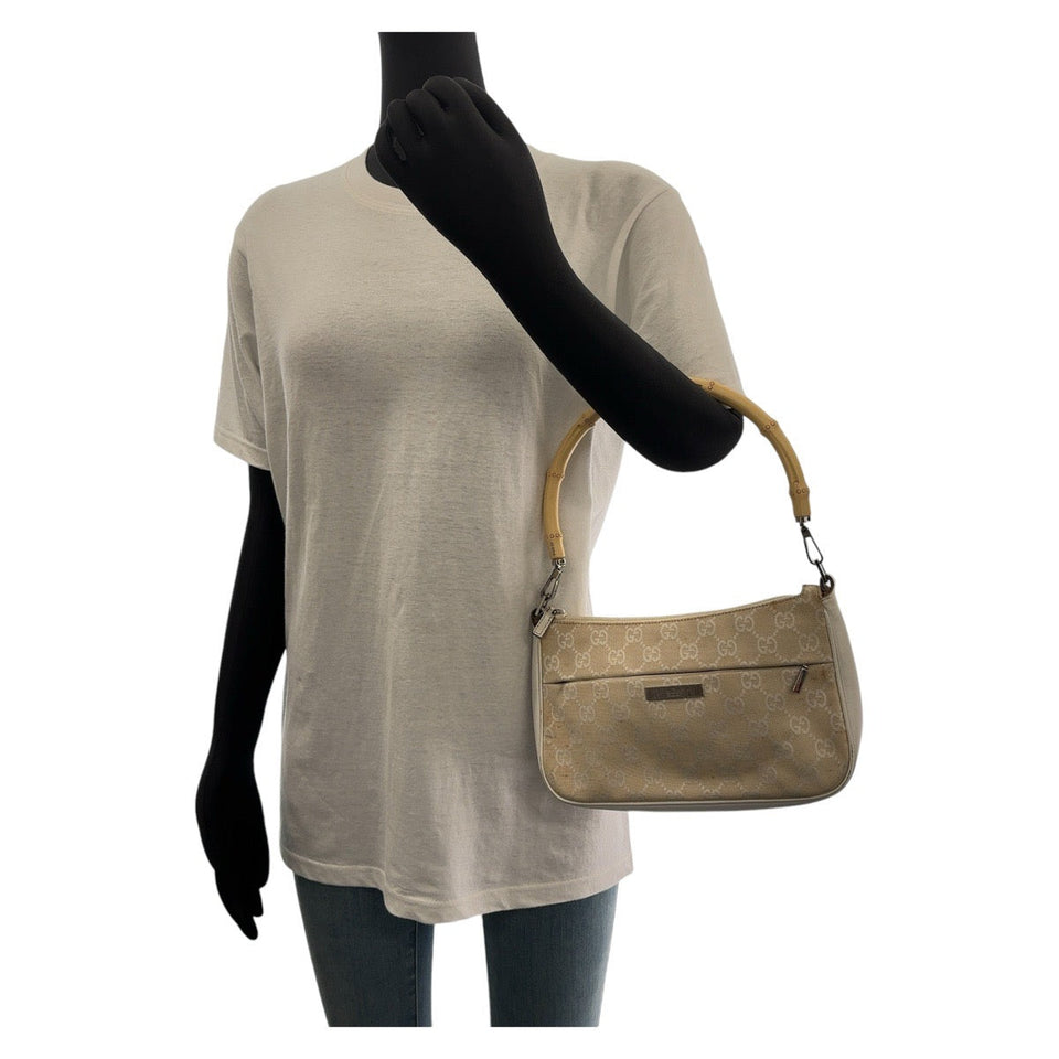 Gucci Shoulder Bag 001 3870 GG canvas, leather White beige Shoulder Bag Handbag Accessory Pouch Bamboo Women