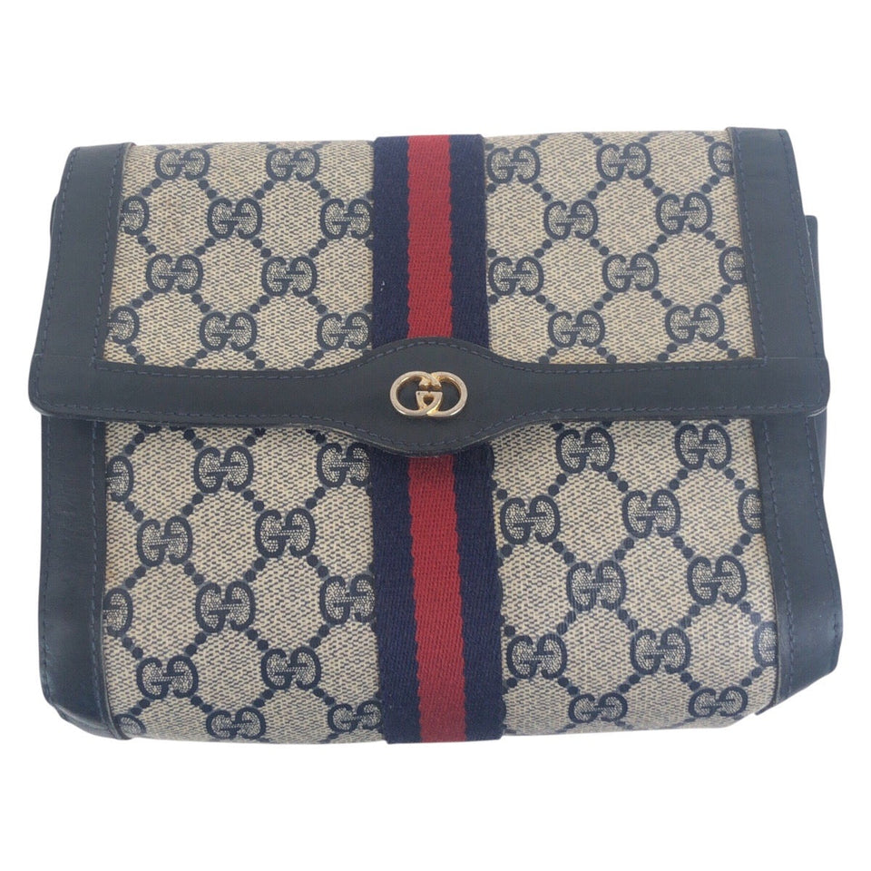 Gucci Clutch bag GG Supreme Canvas Navy Gray Gold Metal Old Gucci Shelly Line