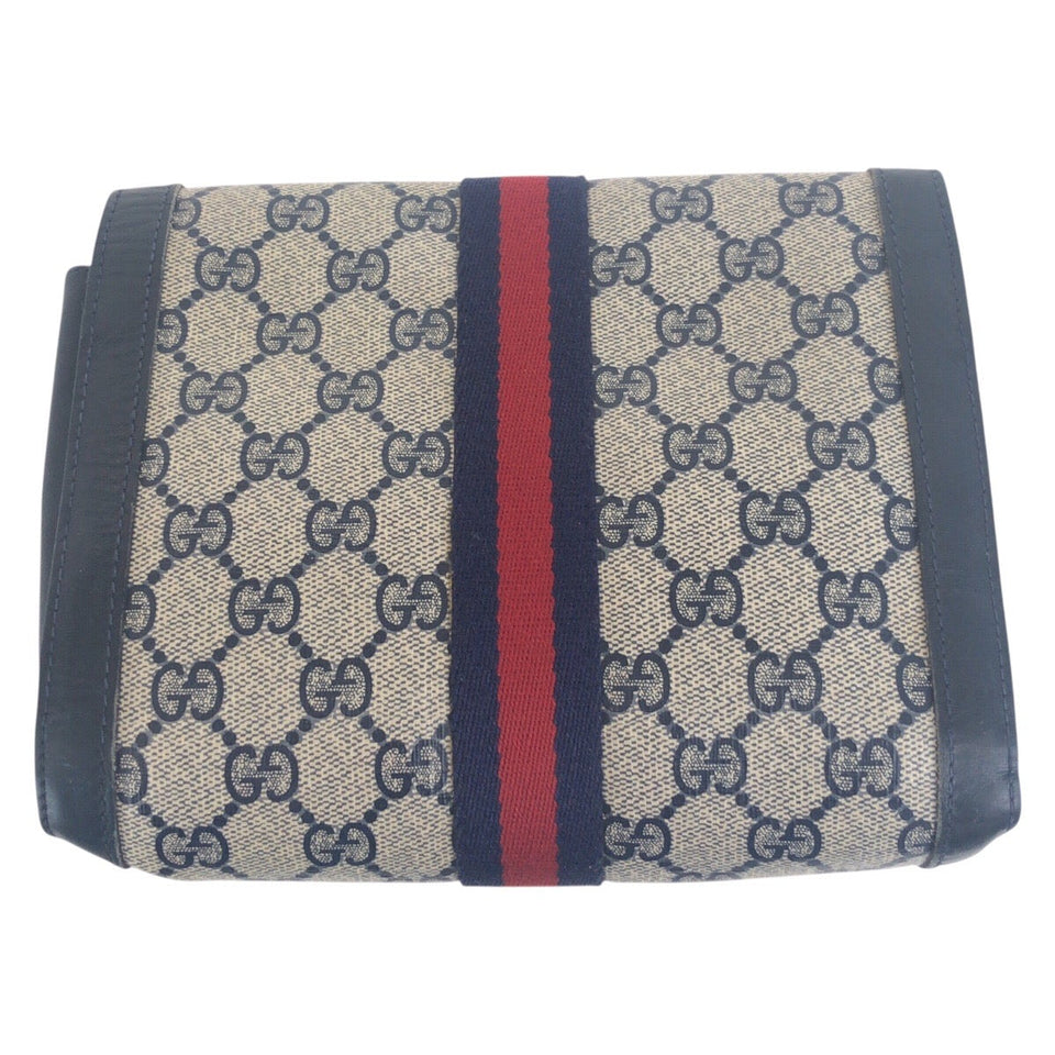 Gucci Clutch bag GG Supreme Canvas Navy Gray Gold Metal Old Gucci Shelly Line