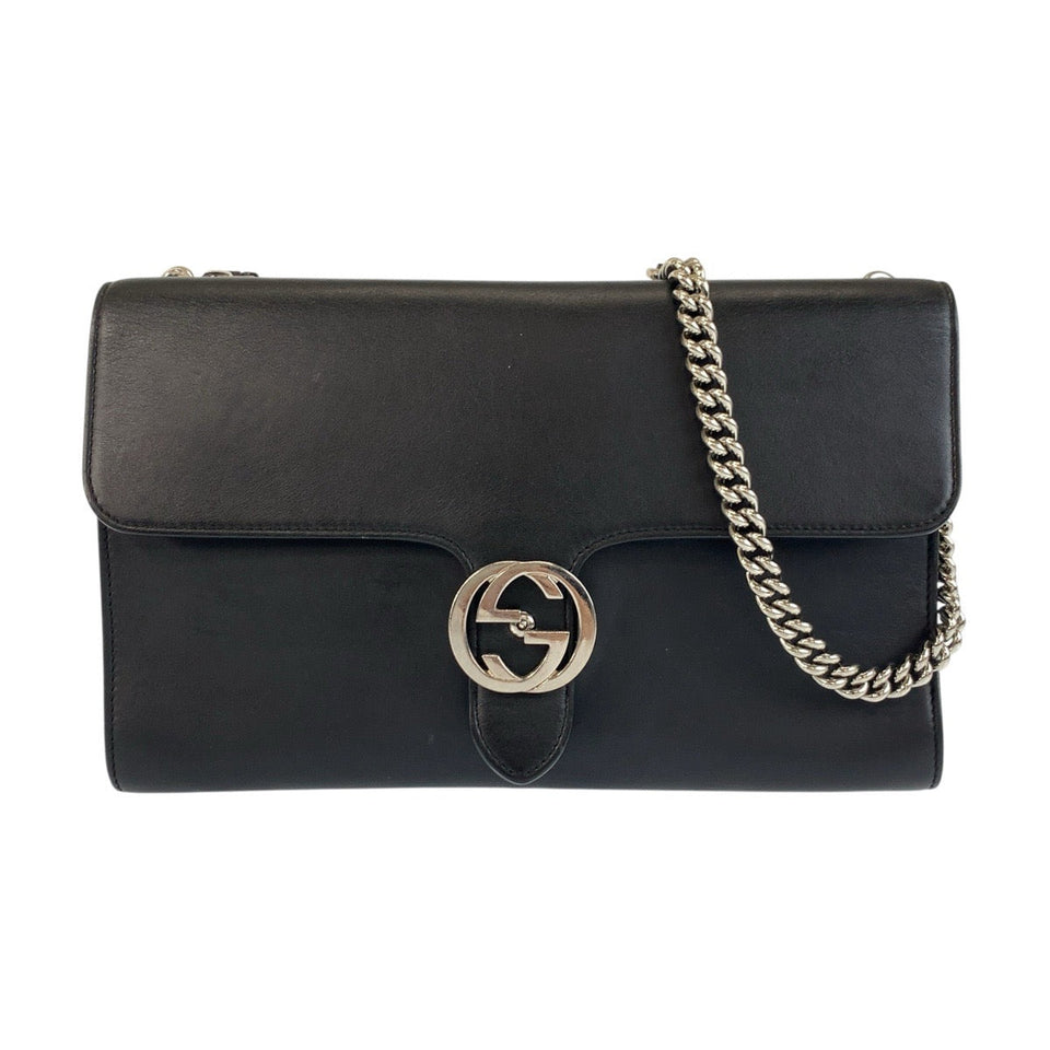 Gucci Shoulder Bag 387604 leather Black SilverMetal ChainShoulder Bag Pochette Interlocking Women