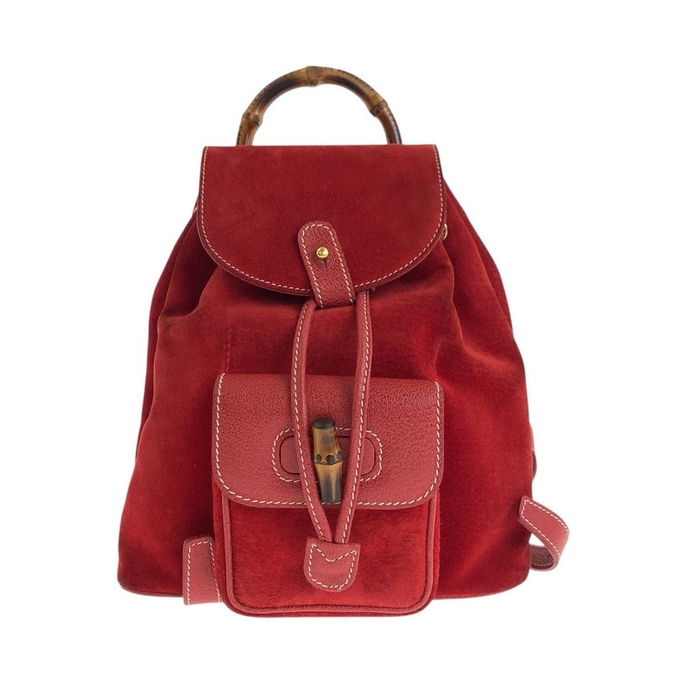 Gucci Backpack 003 2034 0030 Suede Red Gold Metal Bamboo