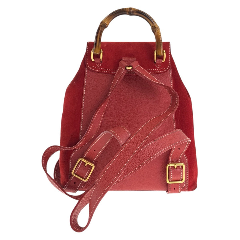 Gucci Backpack 003 2034 0030 Suede Red Gold Metal Bamboo