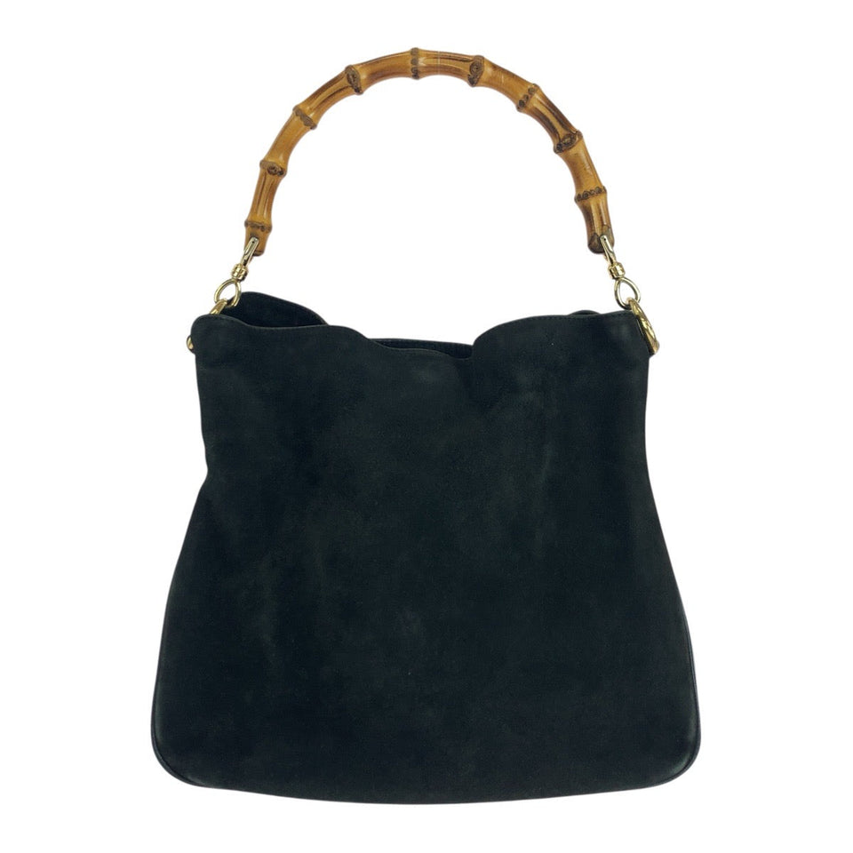 Gucci Shoulder Bag 001 3638 Suede Black Brown Gold Metal Bamboo