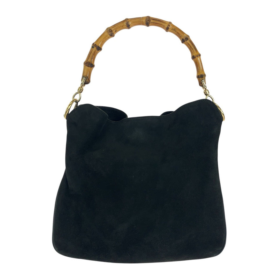 Gucci Shoulder Bag 001 3638 Suede Black Brown Gold Metal Bamboo