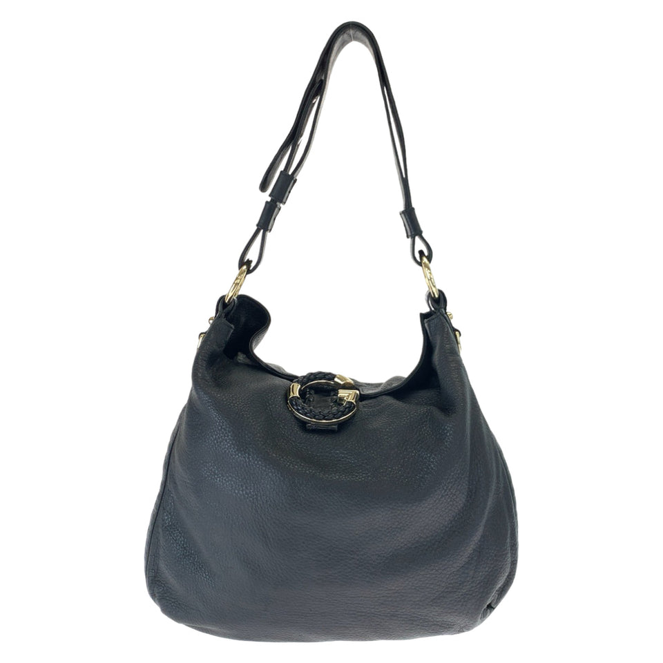 Gucci Shoulder Bag 232931 leather Black Gold Metal Embossed Leather G Wave Hobo