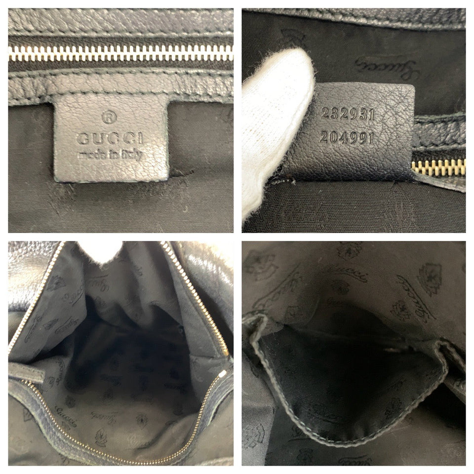 Gucci Shoulder Bag 232931 leather Black Gold Metal Embossed Leather G Wave Hobo