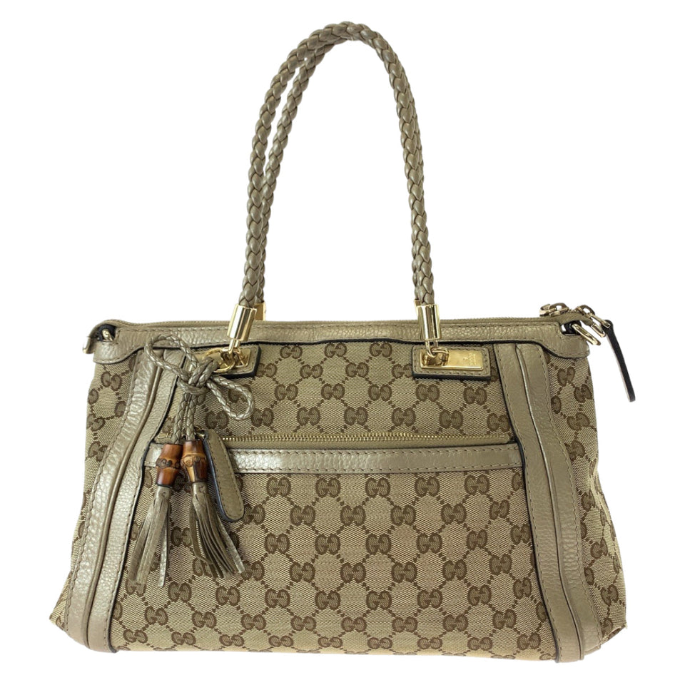 Gucci Tote Bag 282300 GG canvas Brown Gold Metal Bella Bamboo Ribbon tassel