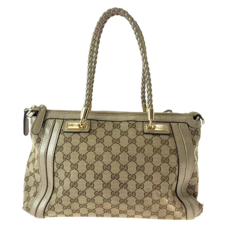 Gucci Tote Bag 282300 GG canvas Brown Gold Metal Bella Bamboo Ribbon tassel
