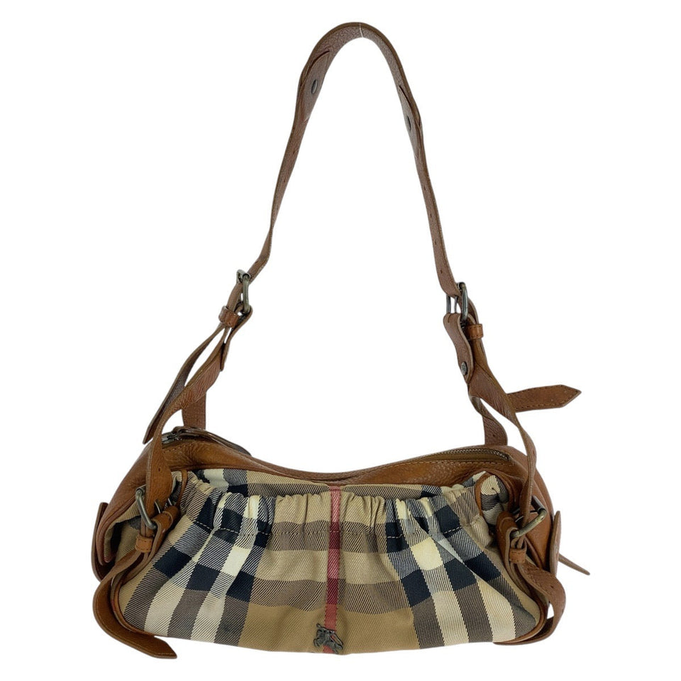 Burberry Shoulder Bag canvas Brown Beige Gunmetal Metal Prorsum Check Pattern