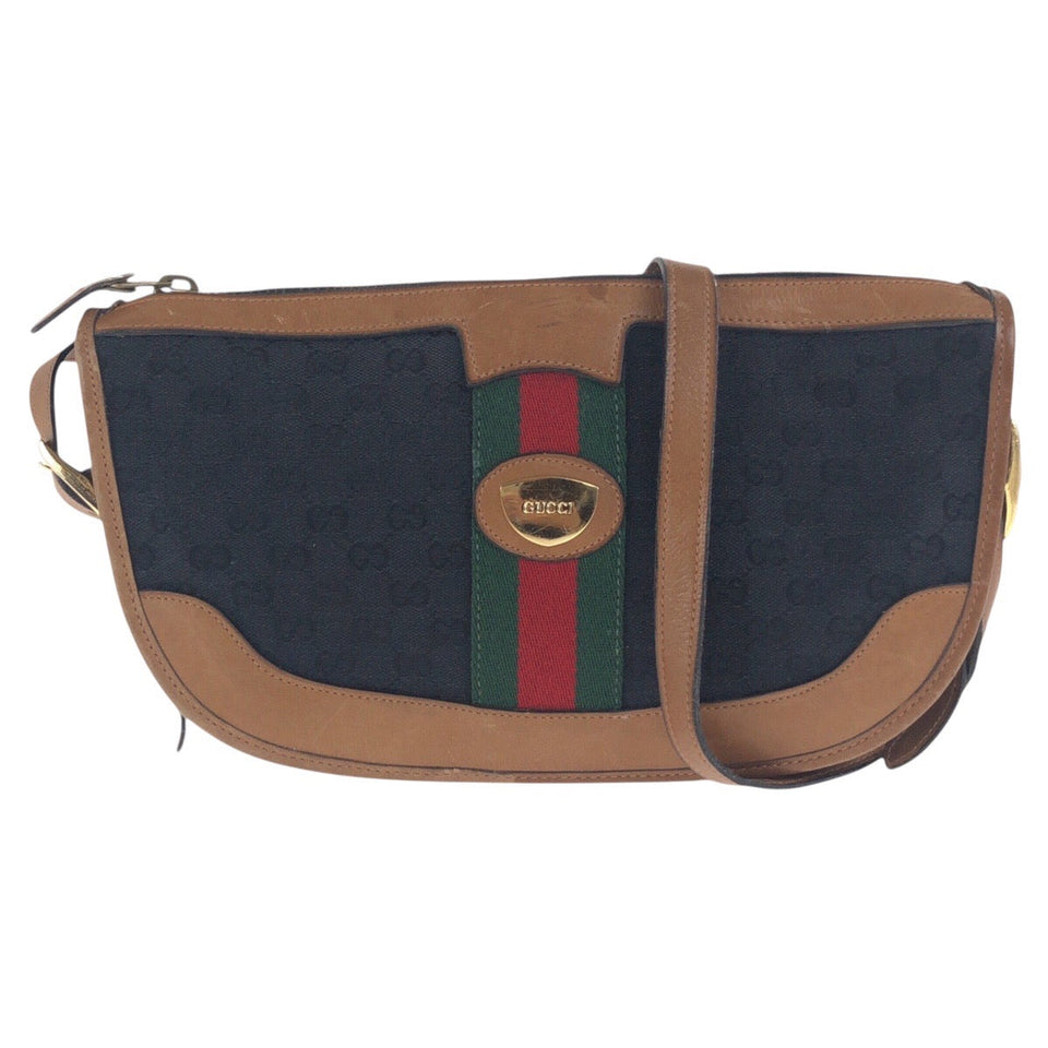 Gucci Shoulder Bag GG canvas Black Brown Gold Metal Old Gucci Shelly Line