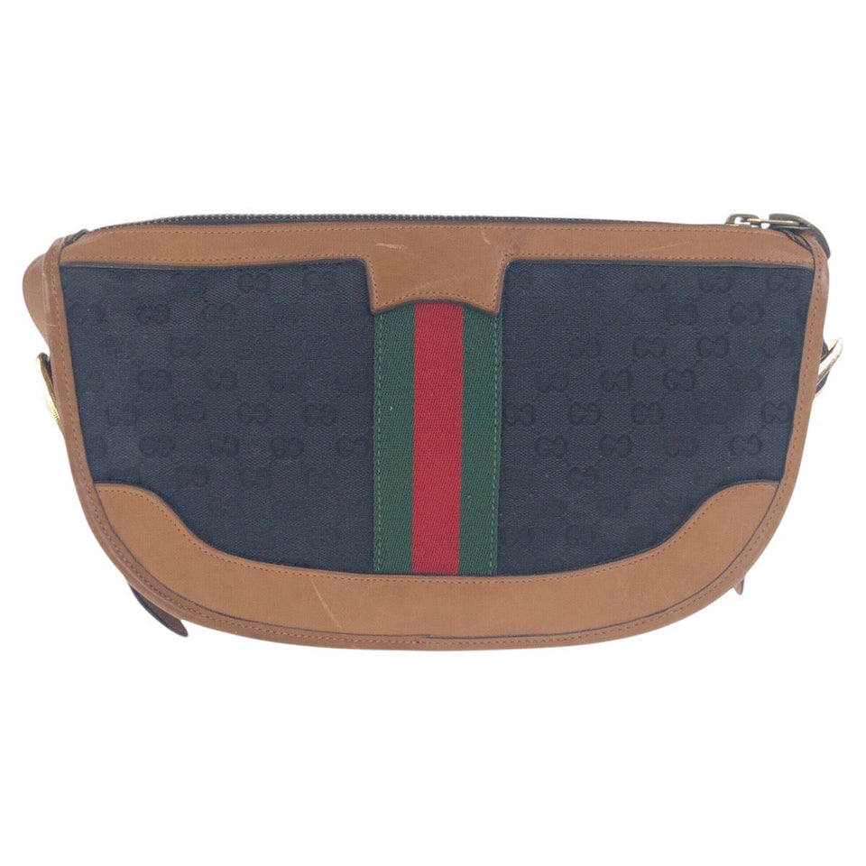 Gucci Shoulder Bag GG canvas Black Brown Gold Metal Old Gucci Shelly Line