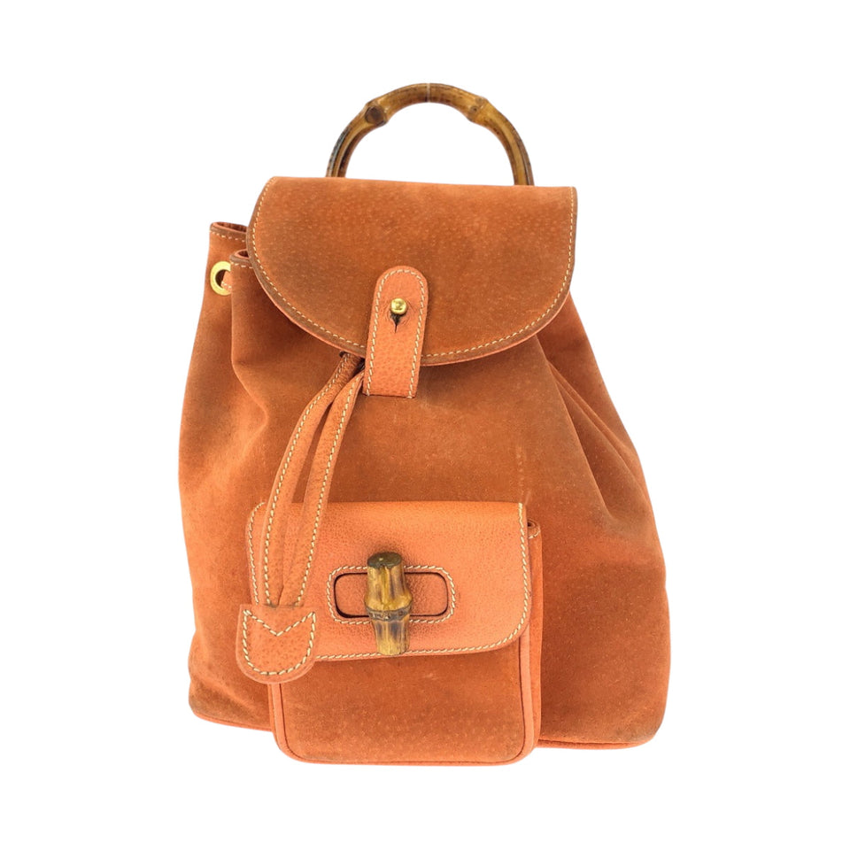Gucci Backpack 003 3444 0030 Suede Orange Brown Gold Metal Bamboo