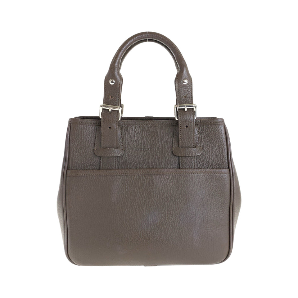 Burberry Tote Bag leather Brown Silver Metal Medium Check Pattern