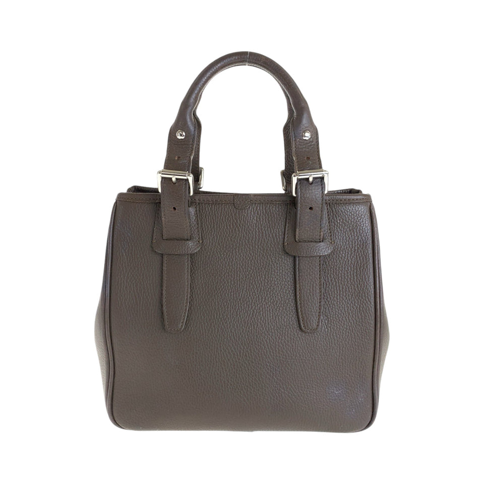 Burberry Tote Bag leather Brown Silver Metal Medium Check Pattern