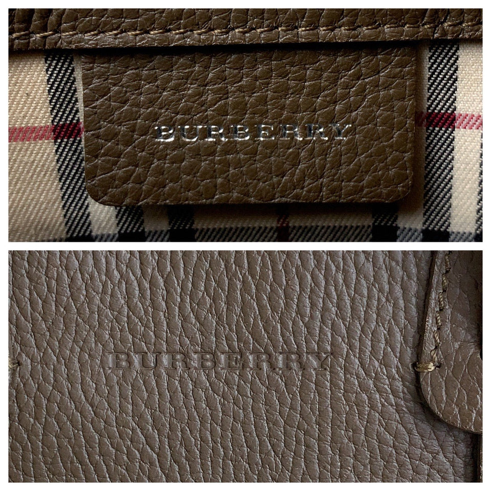Burberry Tote Bag leather Brown Silver Metal Medium Check Pattern
