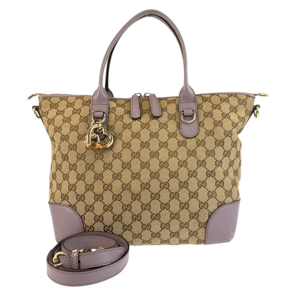 Gucci Tote Bag 269957 GG canvas Beige Purple Gold Metal Bamboo heart