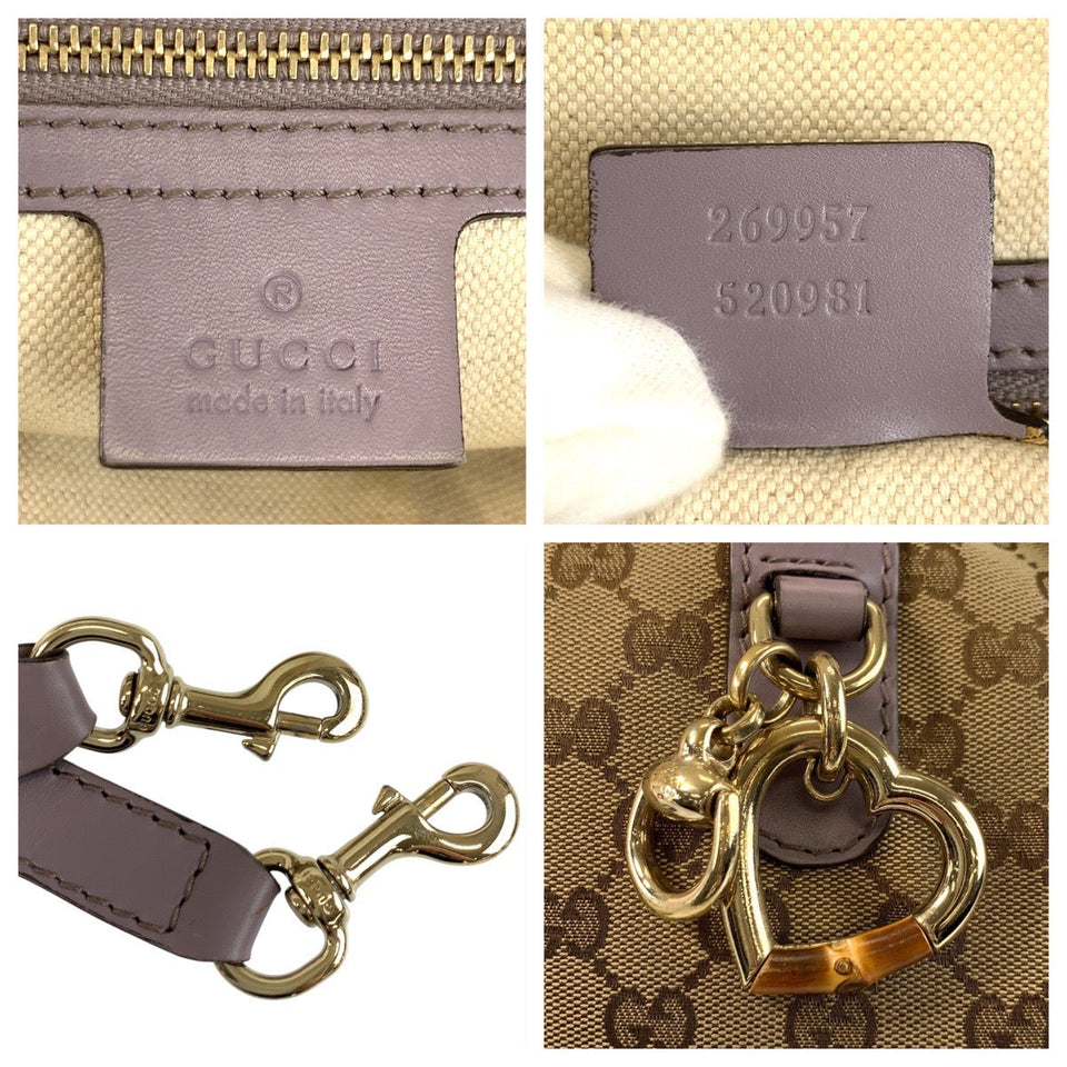 Gucci Tote Bag 269957 GG canvas Beige Purple Gold Metal Bamboo heart