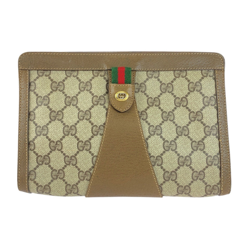 Gucci Clutch bag 89 01 032 GG Supreme Canvas Brown Beige Gold Metal Old Gucci Shelly Line