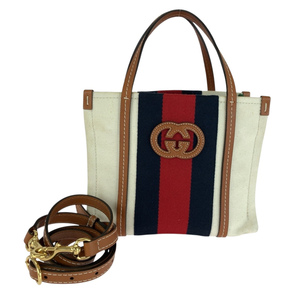 Gucci Shoulder Bag canvas White Brown Gold Interlocking