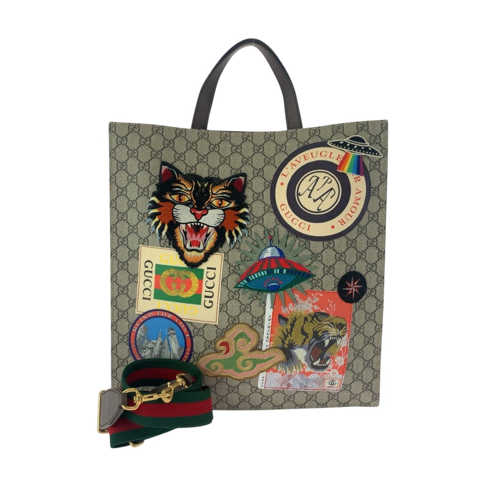 Gucci Tote Bag 474084 GG Supreme Canvas Beige multicolor Embroidery Courier Applique