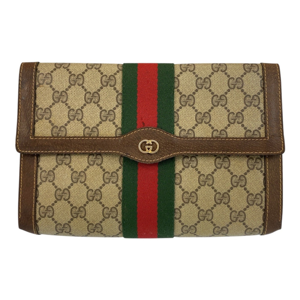 Gucci Clutch bag 38 GG Supreme Canvas Beige Brown Gold Metal Sherry line