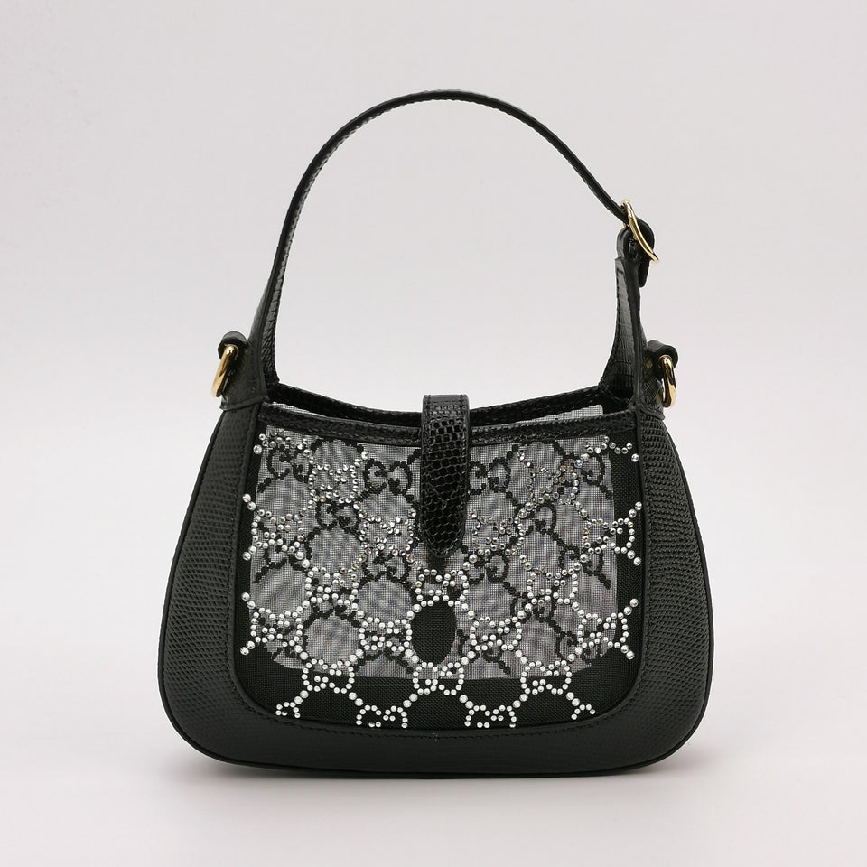 Gucci Jackie 1961 Mini Black Lizard Skin Mesh with Crystals Chain Strap