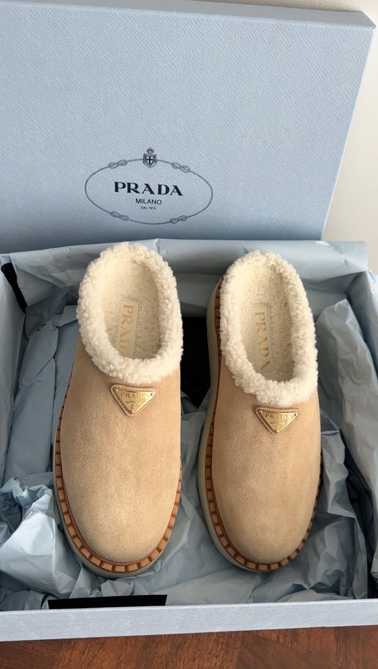 Prada Beige Suede Shearling Platform Mules - 37 / 7